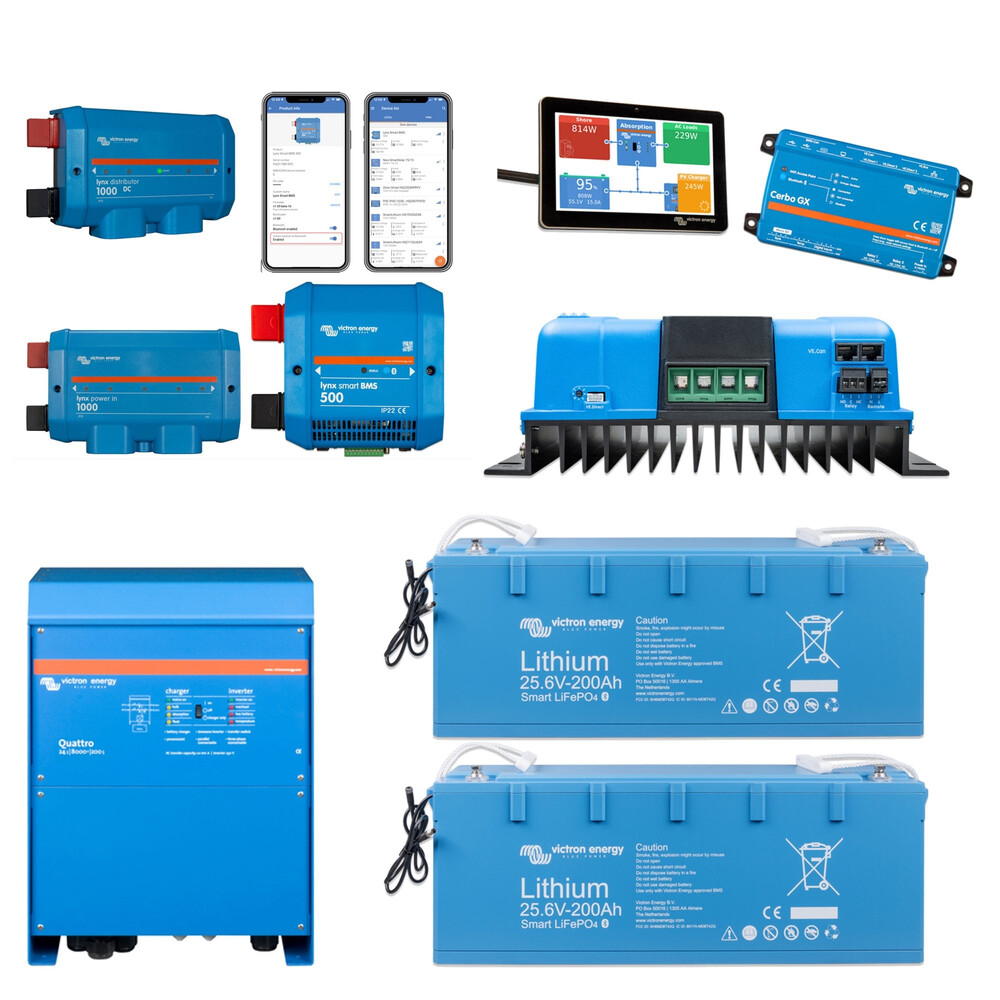 Victron Home Energy Storage Kit Quattro 24v 8Kva Inverter Charger 2x 200ah 24v LiFePo4 Batteries and Solar Controller